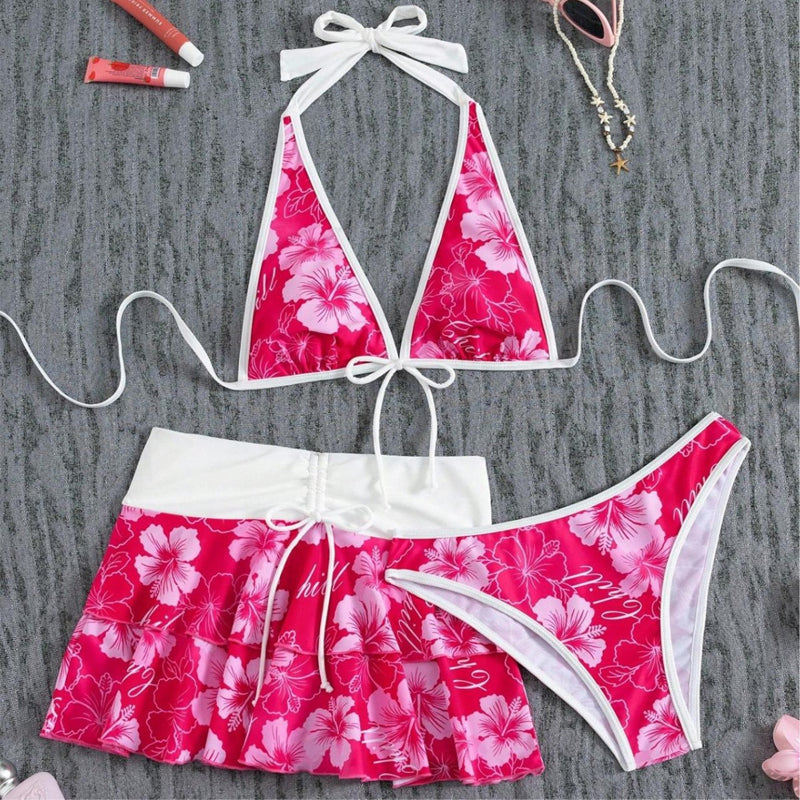 Set Bikini a 3 Pezzi con Stampa Floreale e Gonna a Volant