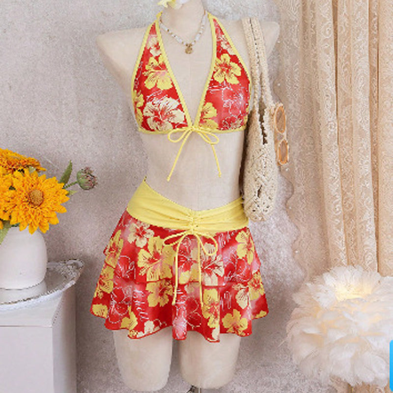 Set Bikini a 3 Pezzi con Stampa Floreale e Gonna a Volant