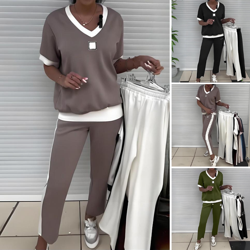 Completo Donna Casual con Top con Scollo a V e Pantaloni