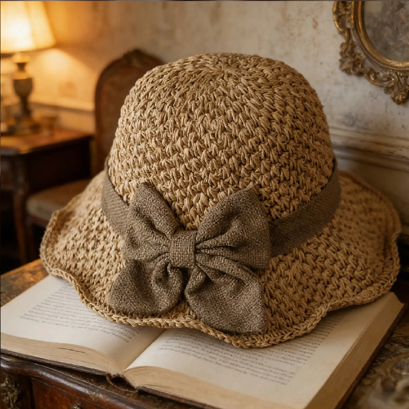 Elegante cappello da sole in paglia intrecciata con fiocco