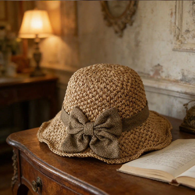 Elegante cappello da sole in paglia intrecciata con fiocco