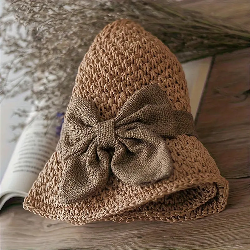 Elegante cappello da sole in paglia intrecciata con fiocco