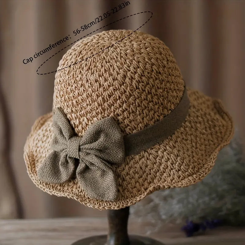 Elegante cappello da sole in paglia intrecciata con fiocco