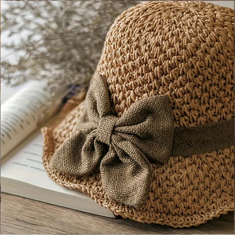 Elegante cappello da sole in paglia intrecciata con fiocco