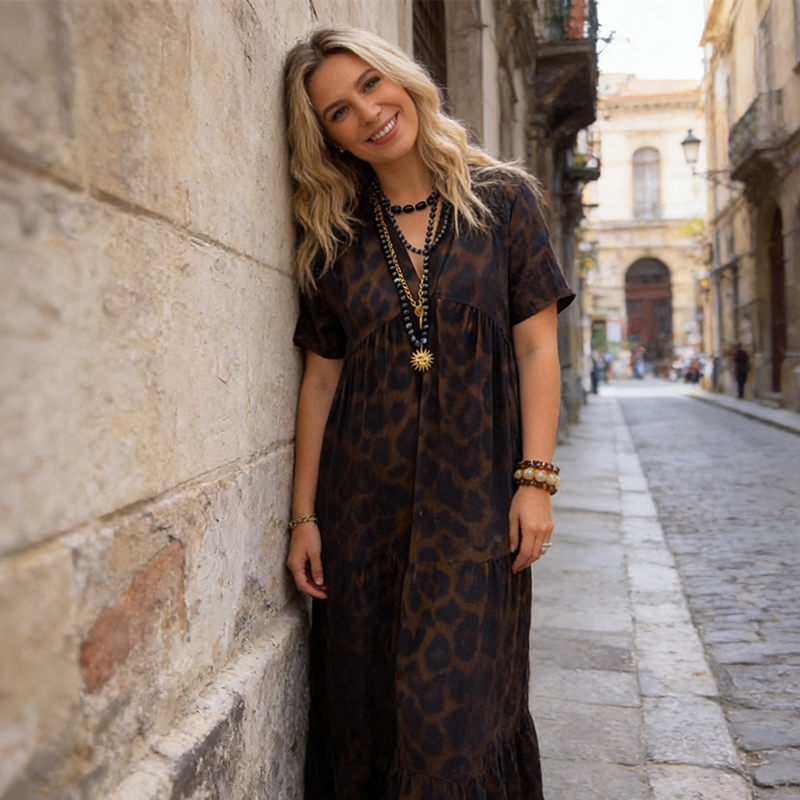 💃Abito con stampa leopardata🐆 Scollo a V, vita alta, design snellente, gonna fluida, maniche corte traspiranti, emana un'eleganza selvaggia in un istante! ✨