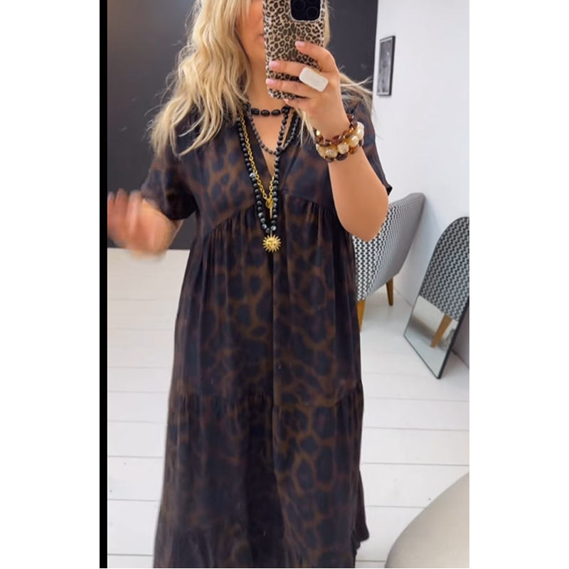 💃Abito con stampa leopardata🐆 Scollo a V, vita alta, design snellente, gonna fluida, maniche corte traspiranti, emana un'eleganza selvaggia in un istante! ✨