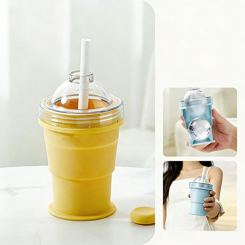 🥤Tazza portatile in silicone! Con cannuccia e stampo per ghiaccio, leggera, pieghevole, ottima per le bevande