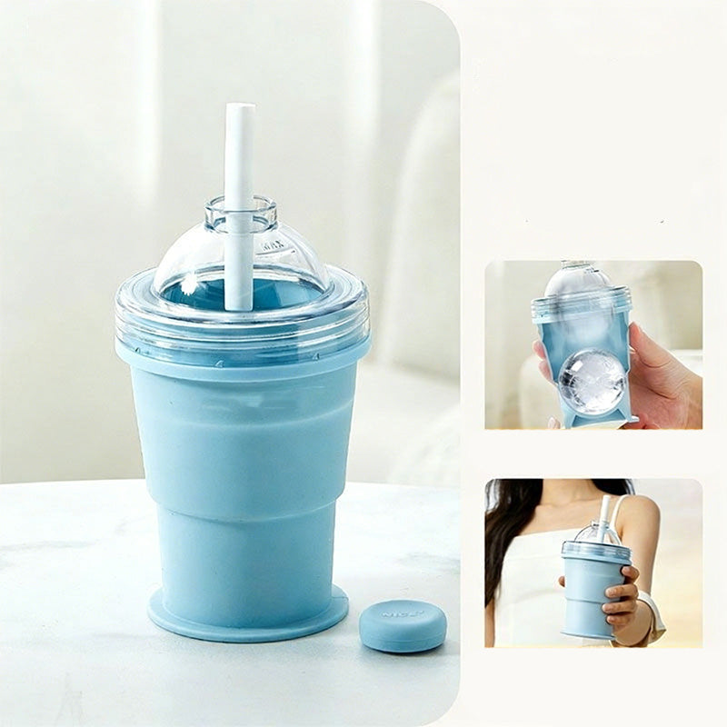 🥤Tazza portatile in silicone! Con cannuccia e stampo per ghiaccio, leggera, pieghevole, ottima per le bevande