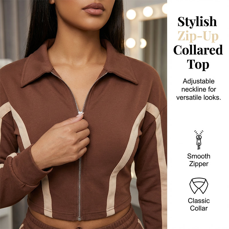 Outfit con top corto a blocchi di colore e pantaloni a zampa
