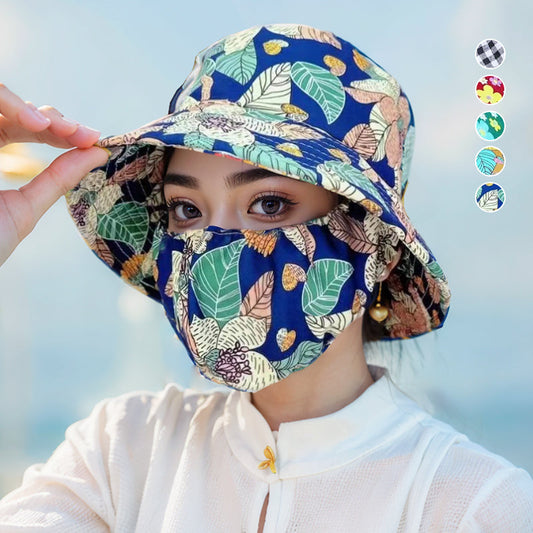 Cappello da sole a tesa larga con stampa floreale e maschera integrata