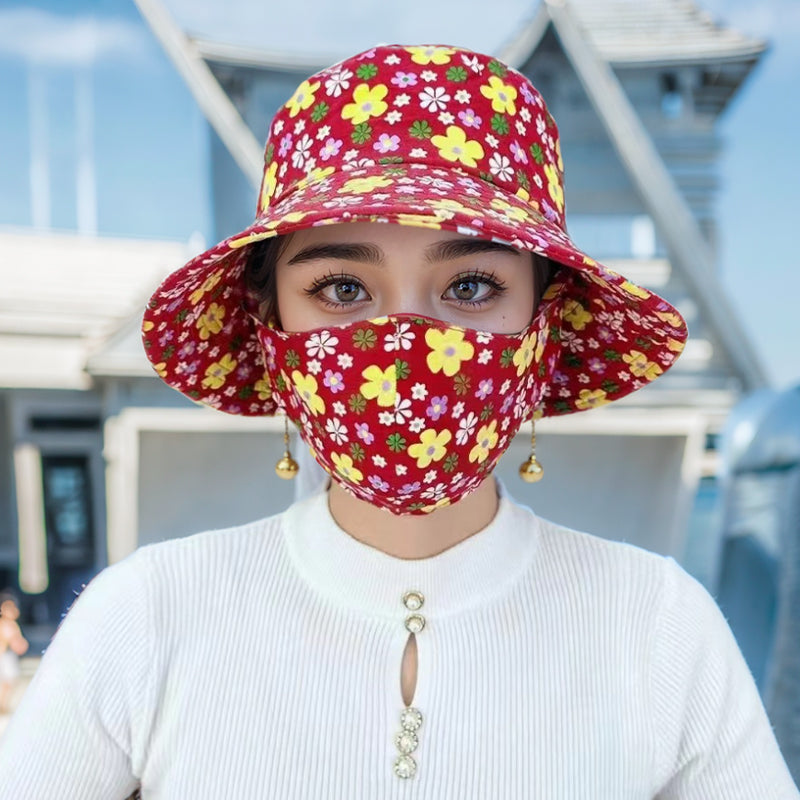 Cappello da sole a tesa larga con stampa floreale e maschera integrata