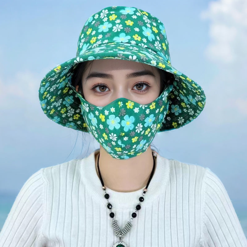 Cappello da sole a tesa larga con stampa floreale e maschera integrata