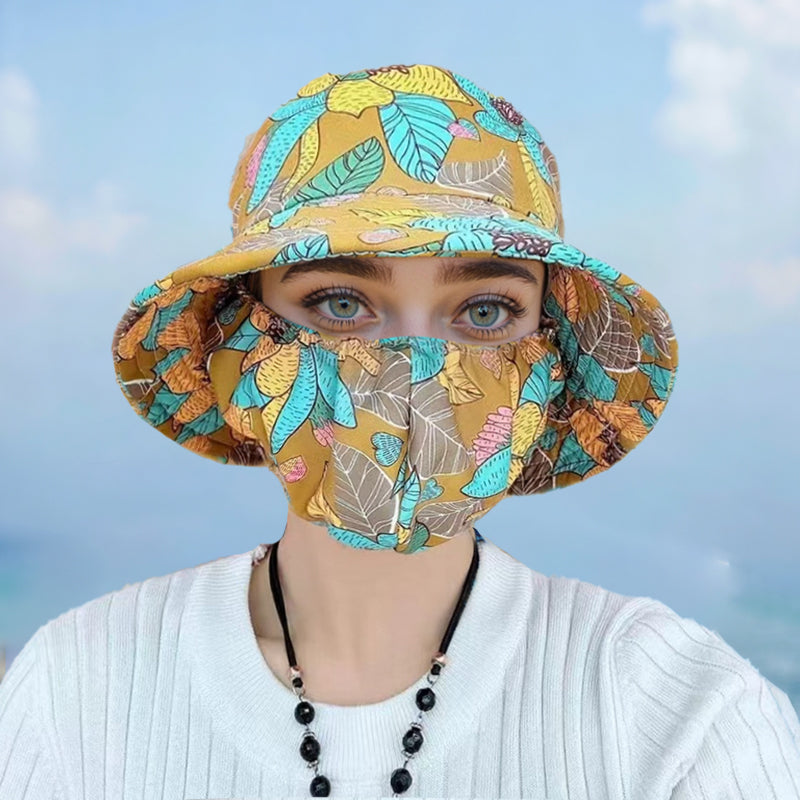 Cappello da sole a tesa larga con stampa floreale e maschera integrata