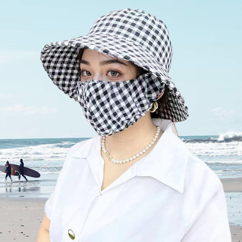 Cappello da sole a tesa larga con stampa floreale e maschera integrata