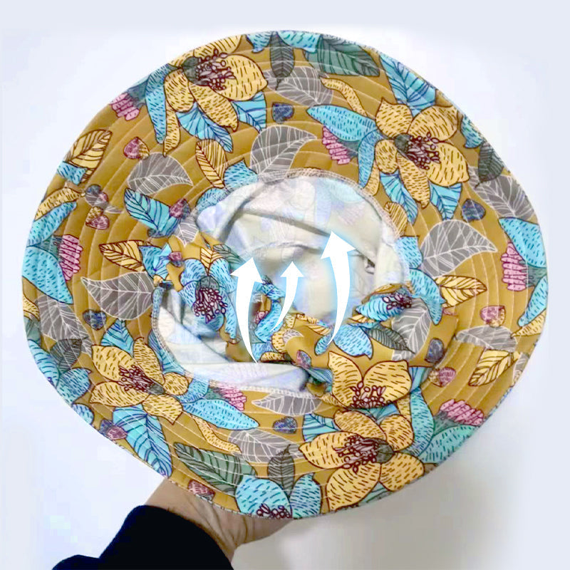 Cappello da sole a tesa larga con stampa floreale e maschera integrata