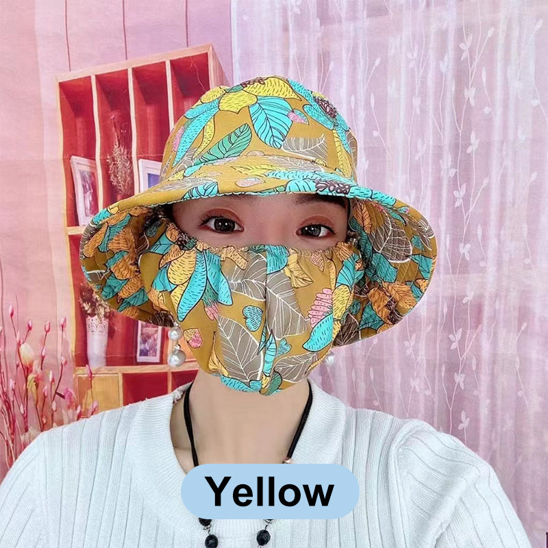 Cappello da sole a tesa larga con stampa floreale e maschera integrata
