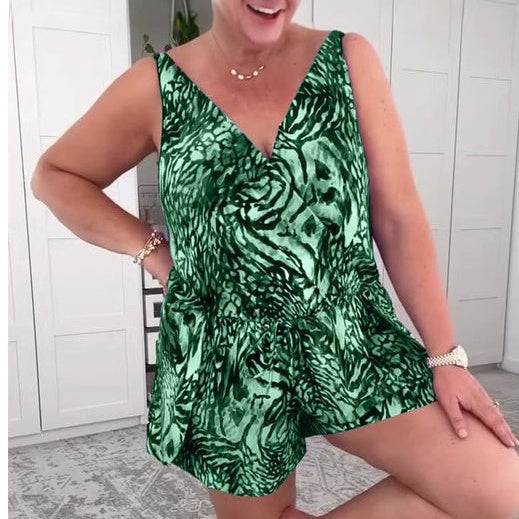 Costume da bagno stampato senza maniche con scollo a V