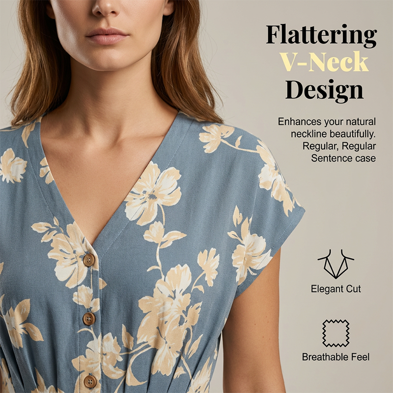 Women's V-Neck Floral Print Button-Down Midi Dress