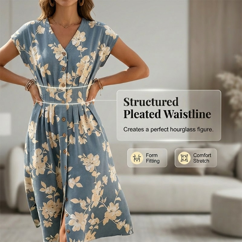 Women's V-Neck Floral Print Button-Down Midi Dress