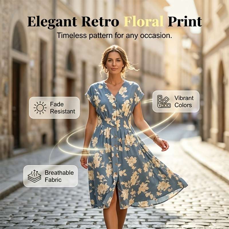 Abito midi da donna con scollo a V, stampa floreale e bottoni frontali