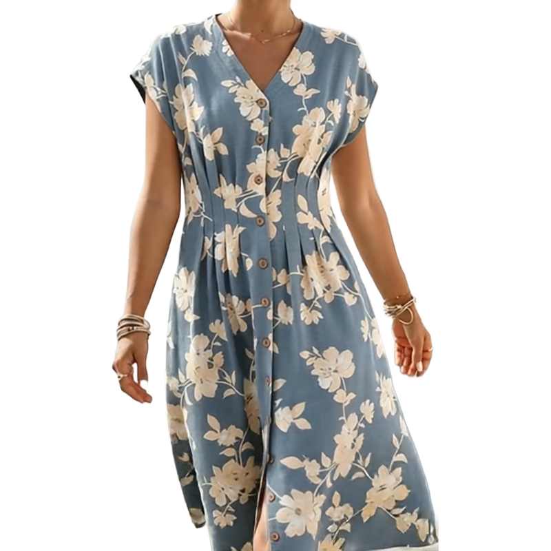 Abito midi da donna con scollo a V, stampa floreale e bottoni frontali