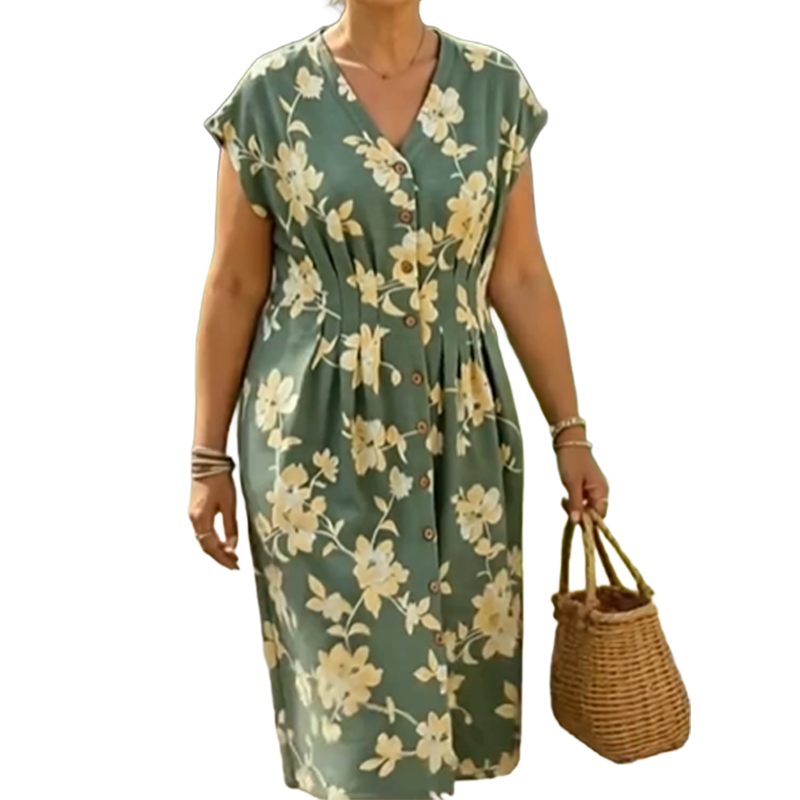 Abito midi da donna con scollo a V, stampa floreale e bottoni frontali