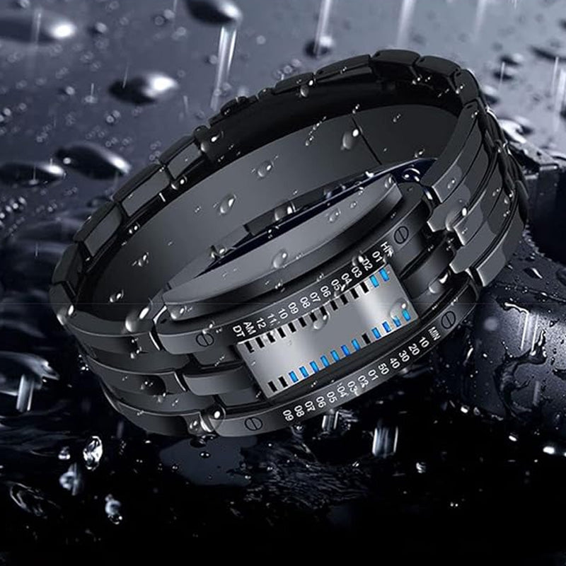 Orologio da uomo Cool Binary in acciaio inossidabile con cinturino a LED, modello alla moda con luce blu, orologio sportivo con placcatura sottovuoto