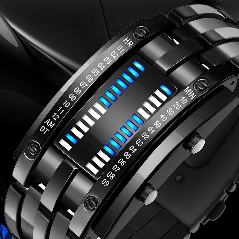 Orologio da uomo Cool Binary in acciaio inossidabile con cinturino a LED, modello alla moda con luce blu, orologio sportivo con placcatura sottovuoto