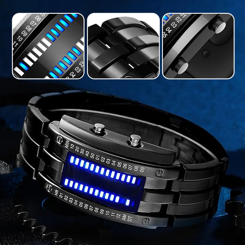 Orologio da uomo Cool Binary in acciaio inossidabile con cinturino a LED, modello alla moda con luce blu, orologio sportivo con placcatura sottovuoto