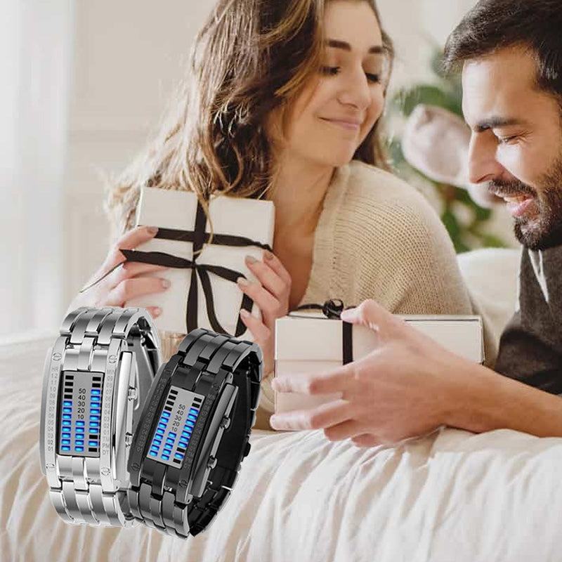 Orologio da uomo Cool Binary in acciaio inossidabile con cinturino a LED, modello alla moda con luce blu, orologio sportivo con placcatura sottovuoto