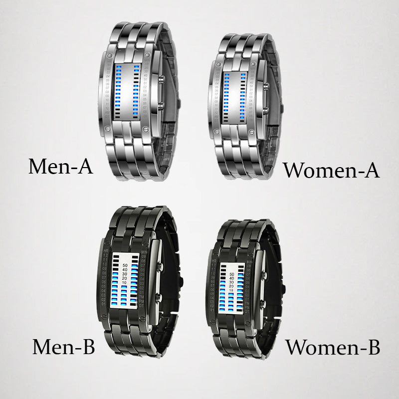 Orologio da uomo Cool Binary in acciaio inossidabile con cinturino a LED, modello alla moda con luce blu, orologio sportivo con placcatura sottovuoto