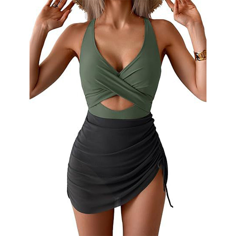 Costume intero a vestito da donna a blocchi di colore con design incrociato
