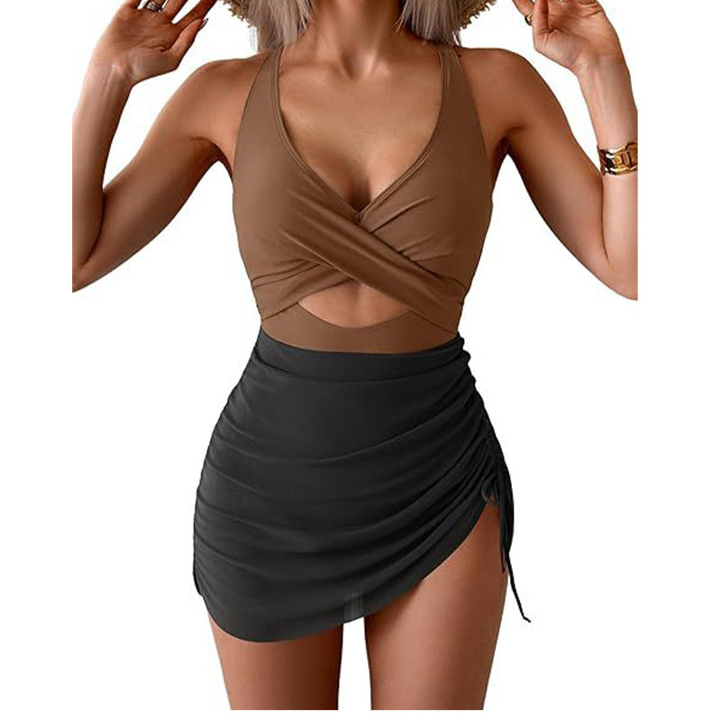 Costume intero a vestito da donna a blocchi di colore con design incrociato