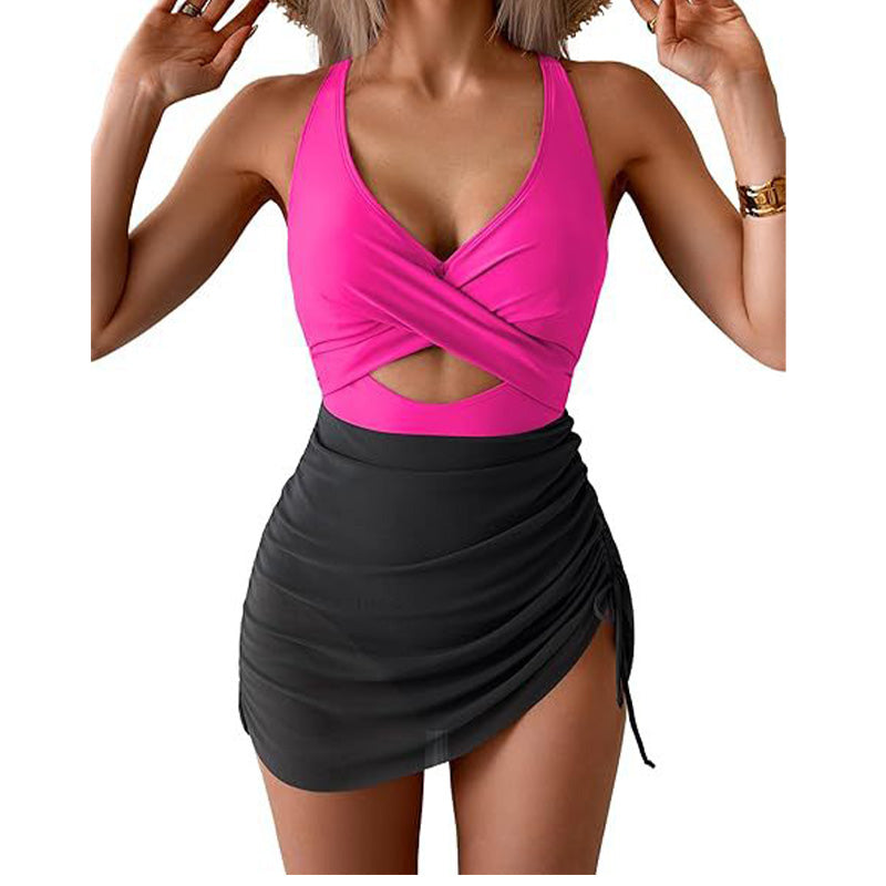 Costume intero a vestito da donna a blocchi di colore con design incrociato