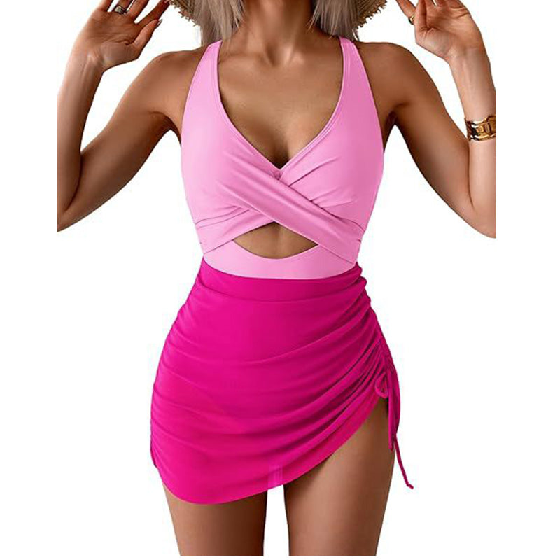 Costume intero a vestito da donna a blocchi di colore con design incrociato