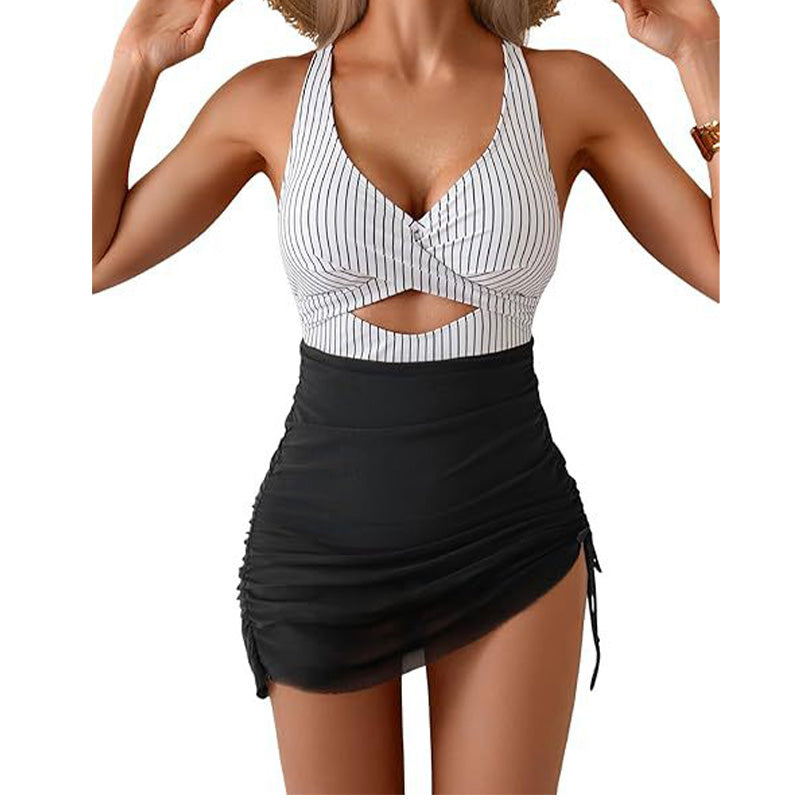 Costume intero a vestito da donna a blocchi di colore con design incrociato