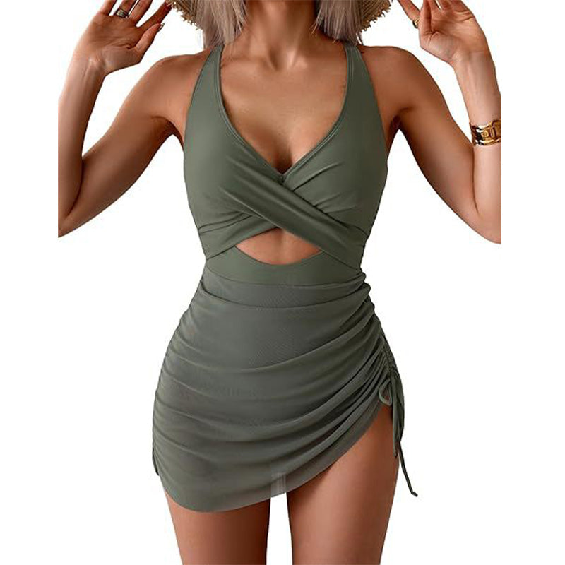 Costume intero a vestito da donna a blocchi di colore con design incrociato