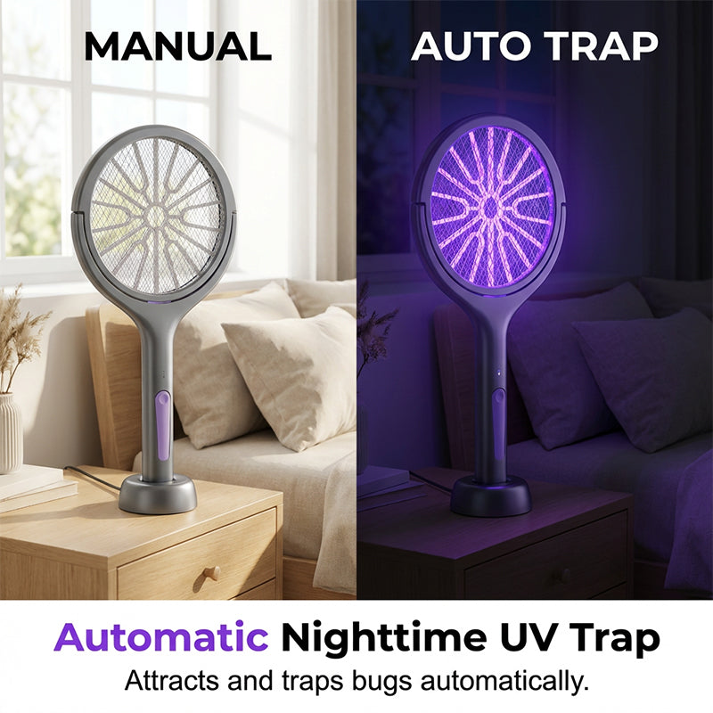 Mosquito Zapper Racchetta Antizanzare Elettrica 2 in 1, Racchetta Anti Insetti USB Ricaricabile 3000V con Testa Rotante, Zanzariera Elettrica per Casa/Balcone/Giardin/Campeggio, Grigio