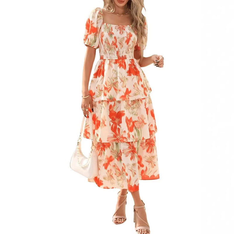 Abito lungo in chiffon a balze con stampa floreale da donna – Maniche corte e scollo quadrato