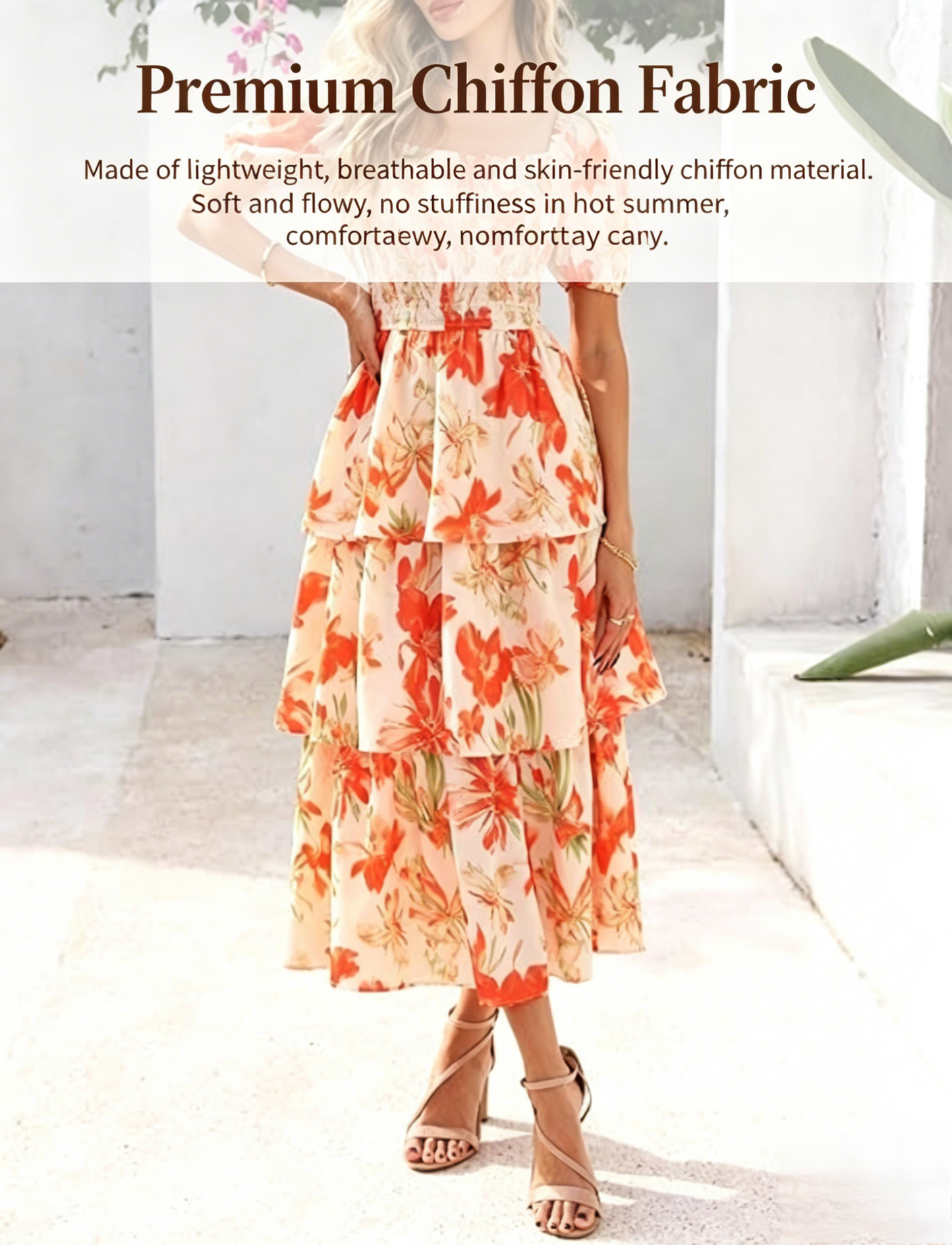 Abito lungo in chiffon a balze con stampa floreale da donna – Maniche corte e scollo quadrato