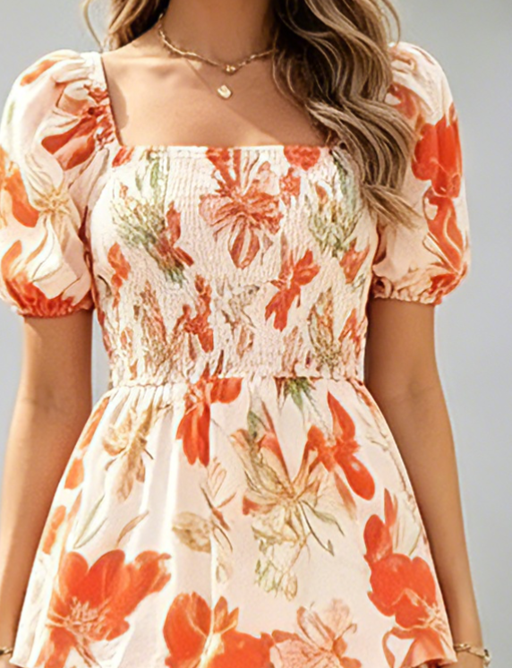 Abito lungo in chiffon a balze con stampa floreale da donna – Maniche corte e scollo quadrato
