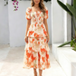 Abito lungo in chiffon a balze con stampa floreale da donna – Maniche corte e scollo quadrato