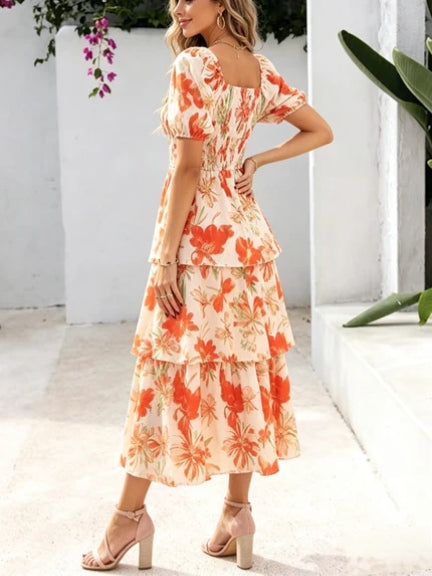 Abito lungo in chiffon a balze con stampa floreale da donna – Maniche corte e scollo quadrato