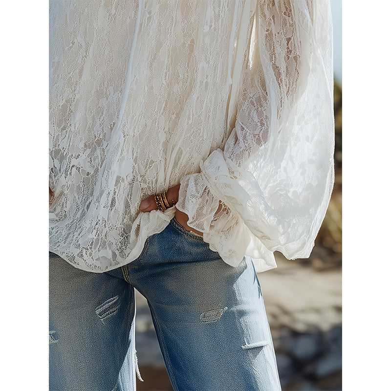 🌸 SCONTO DEL 50% PER UN PERIODO LIMITATO! ✨ Top da donna in pizzo stile bohémien con spalle scoperte – Trasparente, fluido, romantico ☀️