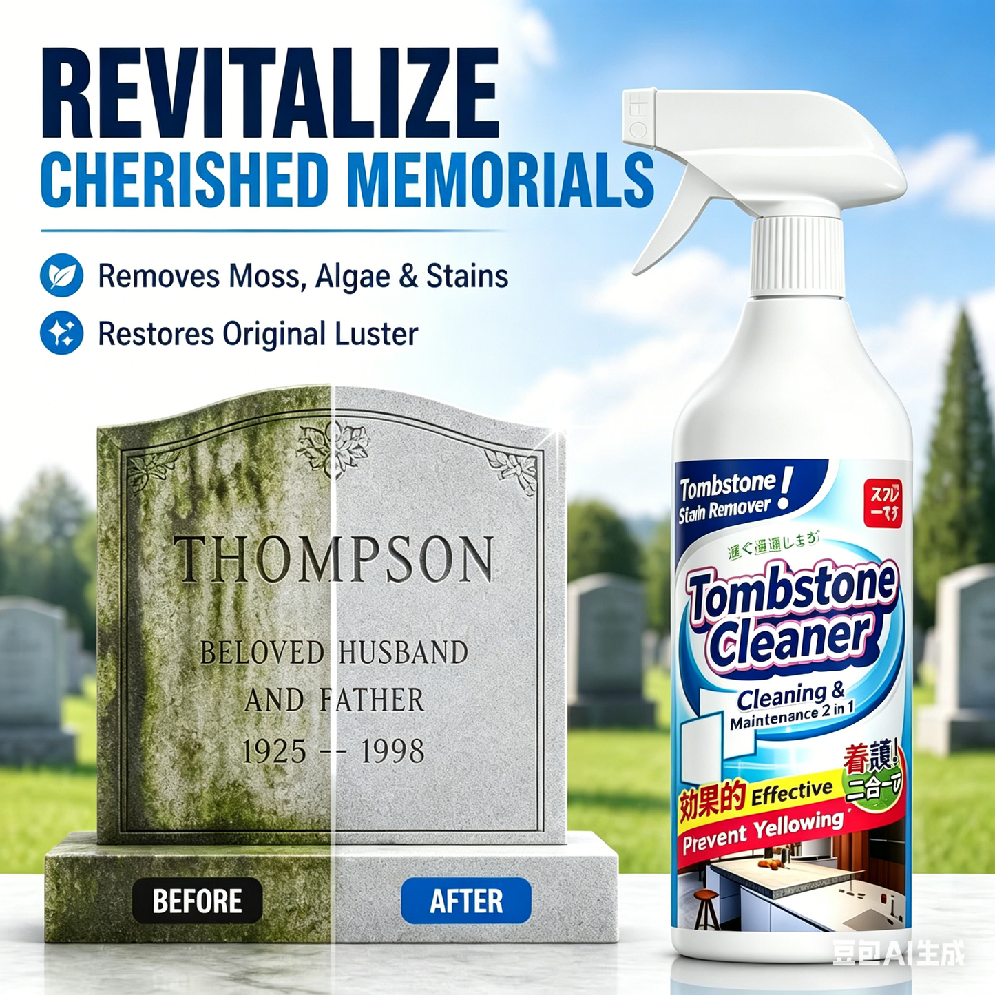 🔥Graveyard Moss Cleaner - Spray smacchiatore multifunzionale - Rimuove in modo professionale muschio e sporco dalle lapidi, detergente per pietra