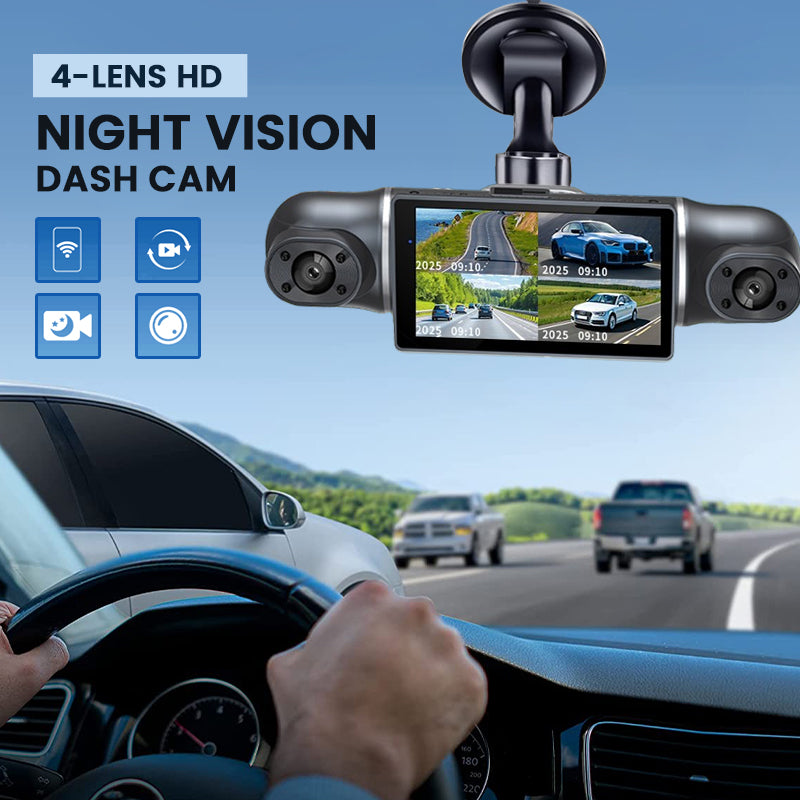 Dash Cam HD a 4 Obiettivi con Visione Notturna