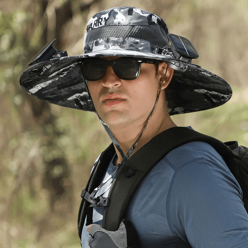 Cappello da sole per la pesca all’aperto con tesa larga e ventilatore solare – Ricarica solare e USB