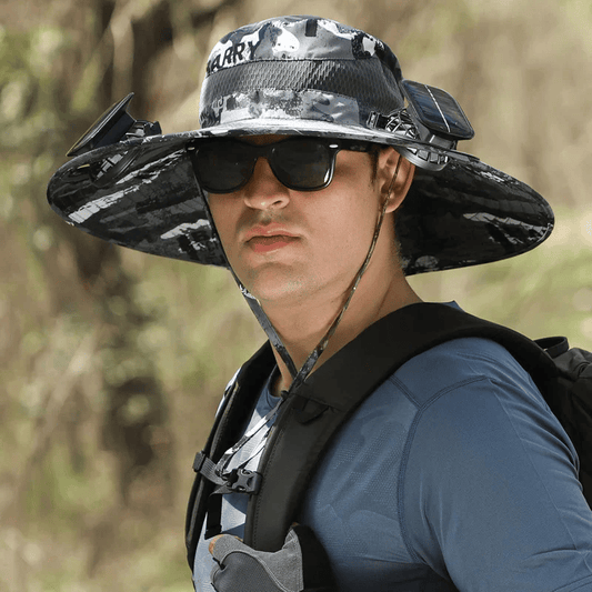 Cappello da sole per la pesca all’aperto con tesa larga e ventilatore solare – Ricarica solare e USB