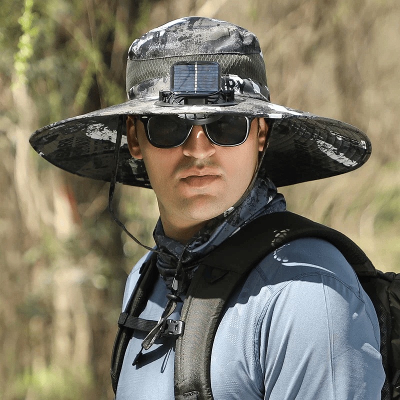 Cappello da sole per la pesca all’aperto con tesa larga e ventilatore solare – Ricarica solare e USB