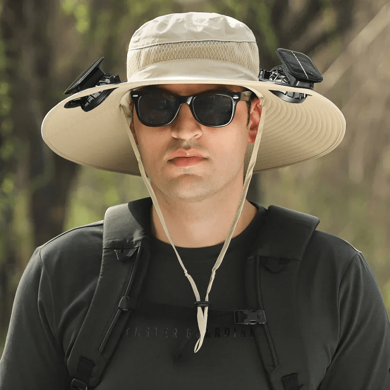 Cappello da sole per la pesca all’aperto con tesa larga e ventilatore solare – Ricarica solare e USB